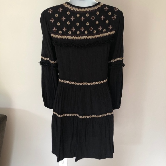 American Eagle Outfitters Black & Tan embroidered fringe long sleeve boho dress - Picture 7 of 9